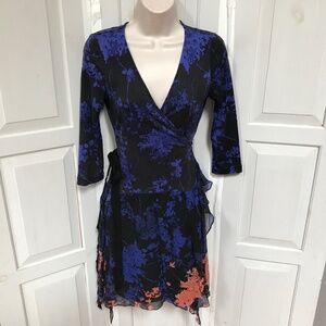 Diane Von Furstenberg Black & Blue Floral Wrap Silk Dress